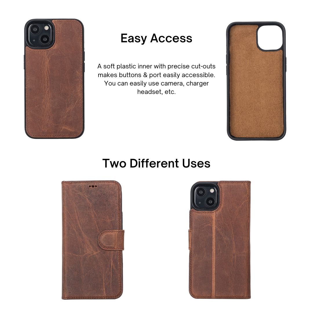 iPhone 13 (6.1") Leather MagSafe RFID Magnetic Detachable Wallet Case - Teak Brown