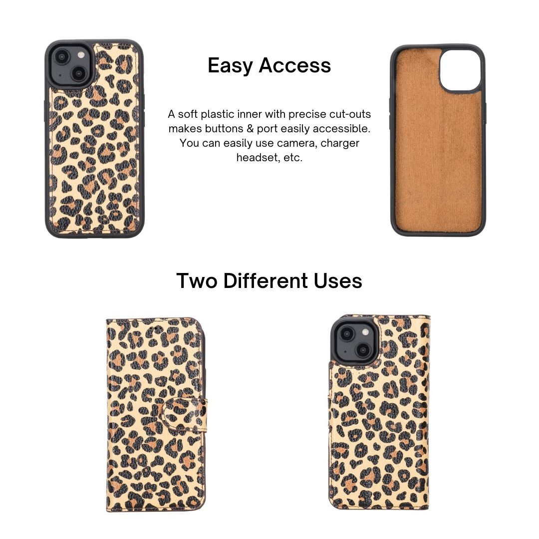 iPhone 14 Pro (6.1") Leather MagSafe RFID Detachable Double Wallet Case - Leopard