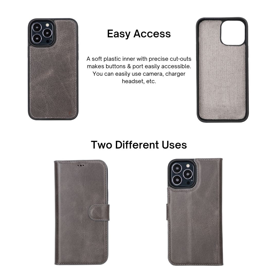iPhone 13 Pro Max (6.7") Leather MagSafe RFID Magnetic Detachable Wallet Case - Rustic Black
