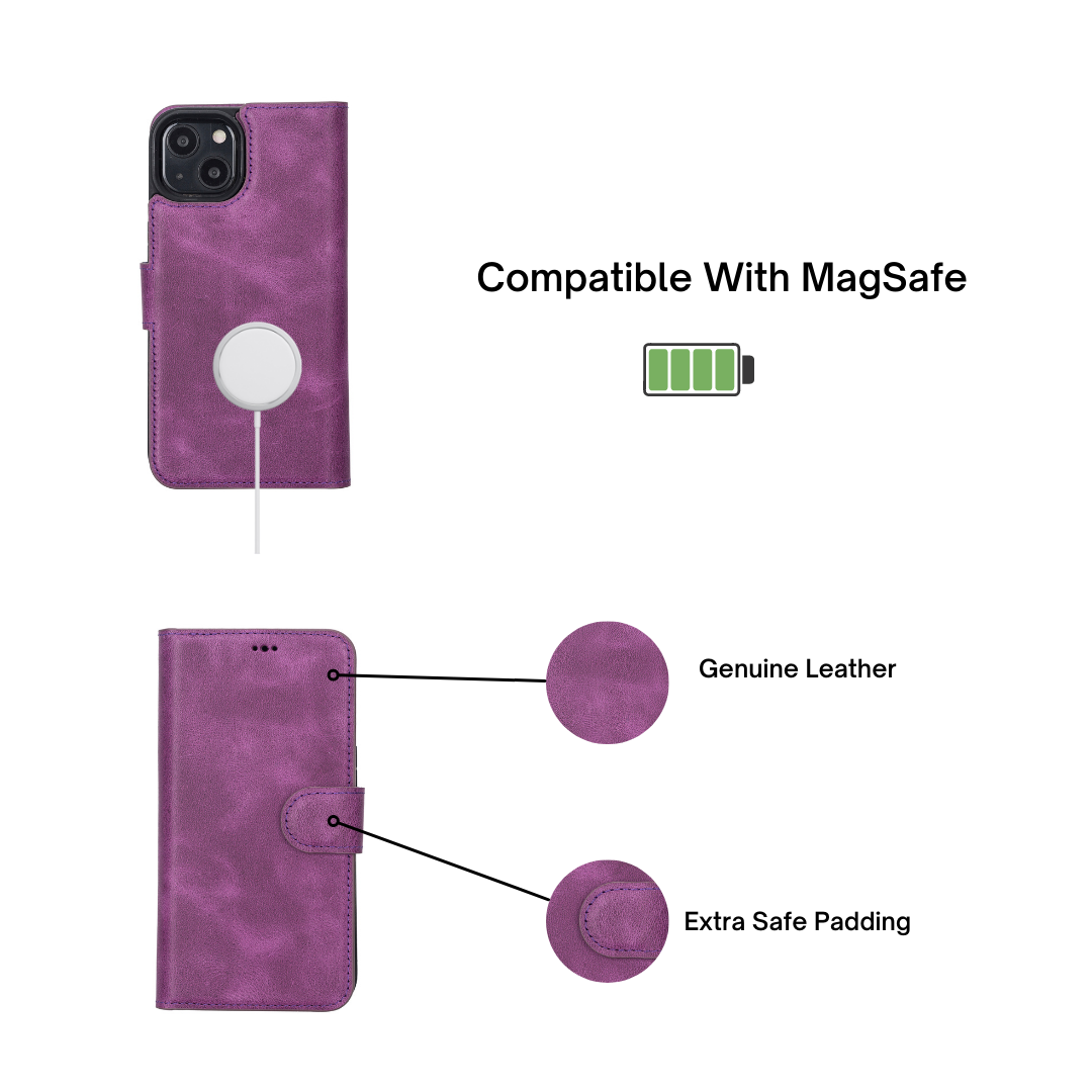iPhone 13 (6.1") Leather MagSafe RFID Magnetic Detachable Wallet Case - Purple