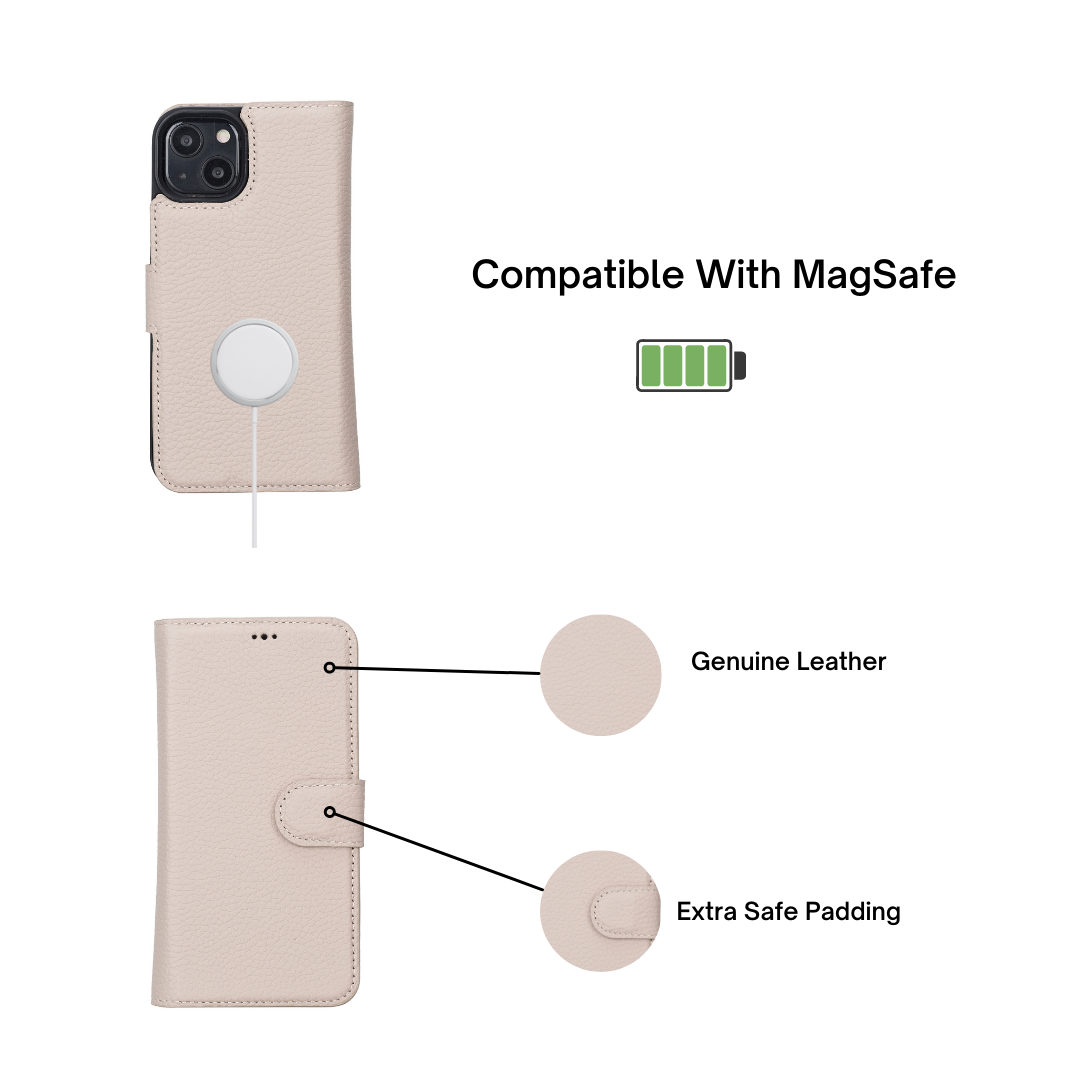 iPhone 13 (6.1") Leather MagSafe RFID Magnetic Detachable Wallet Case - Beige