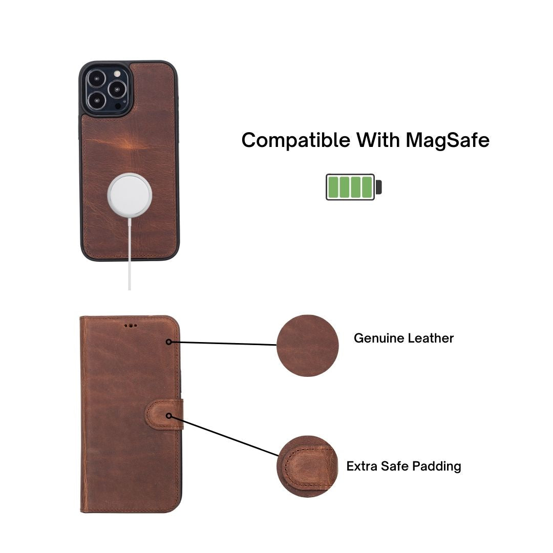iPhone 13 Pro Max (6.7") Leather MagSafe RFID Magnetic Detachable Wallet Case - Teak Brown