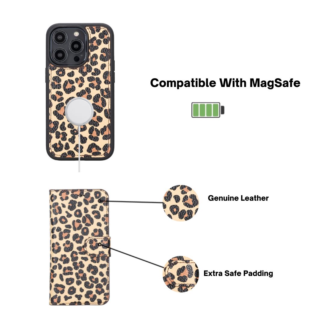 iPhone 14 Pro Max (6.7") Leather MagSafe RFID Detachable Wallet Case - Leopard