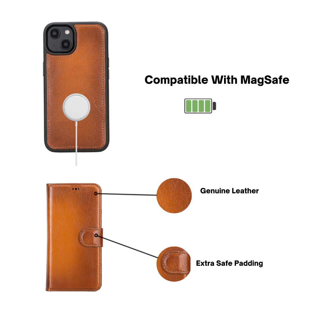 iPhone 14 (6.1") Leather MagSafe RFID Detachable Wallet Case - Rustic Brown