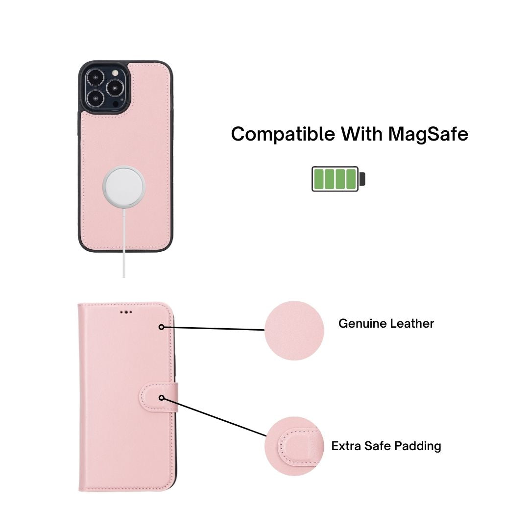 iPhone 13 Pro Max (6.7") Leather MagSafe RFID Magnetic Detachable Wallet Case - Pink