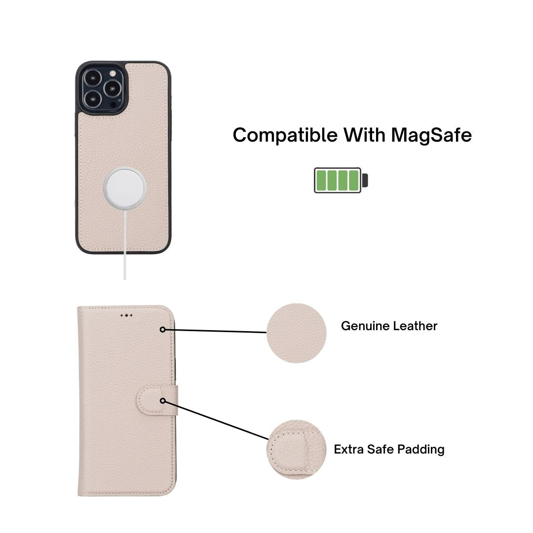 iPhone 13 Pro Max (6.7") Leather MagSafe RFID Magnetic Detachable Wallet Case - Beige