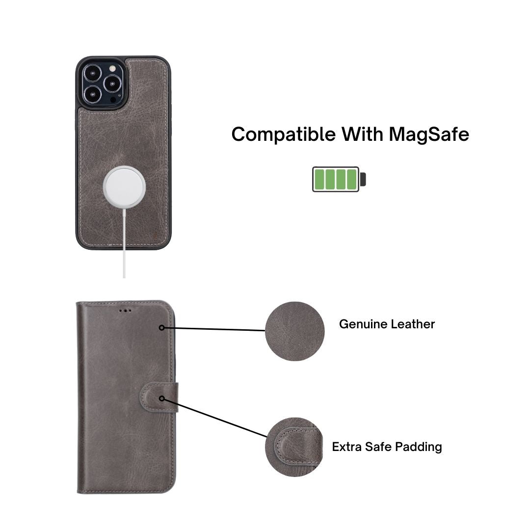 iPhone 13 Pro Max (6.7") Leather MagSafe RFID Magnetic Detachable Wallet Case - Rustic Black