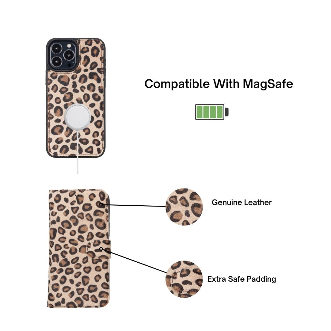 iPhone 13 Pro Max (6.7") Leather MagSafe RFID Magnetic Detachable Wallet Case - Furry Leopard