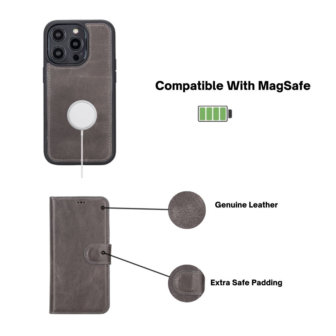iPhone 14 Pro (6.1") Leather MagSafe RFID Detachable Wallet Case - Rustic Black