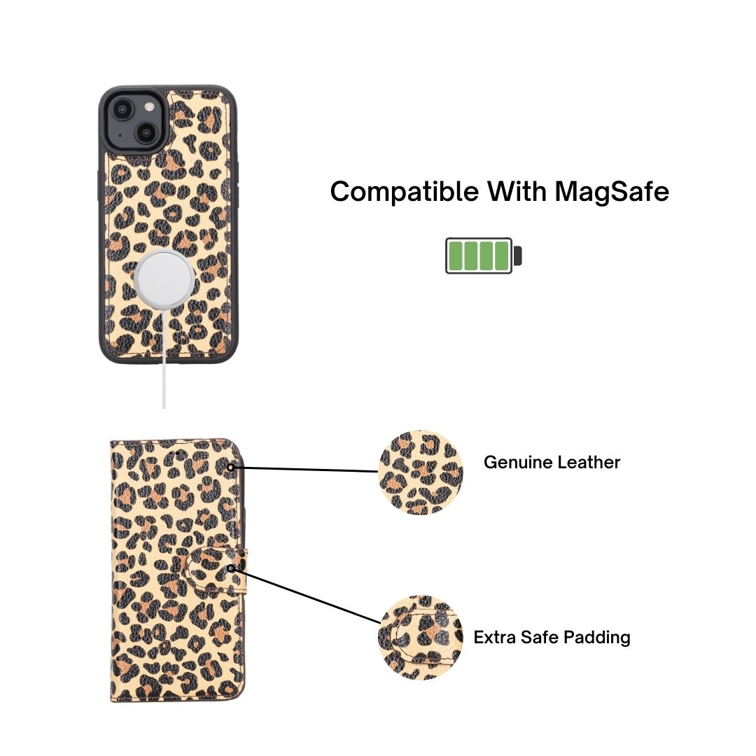 iPhone 14 Pro (6.1") Leather MagSafe RFID Detachable Double Wallet Case - Leopard