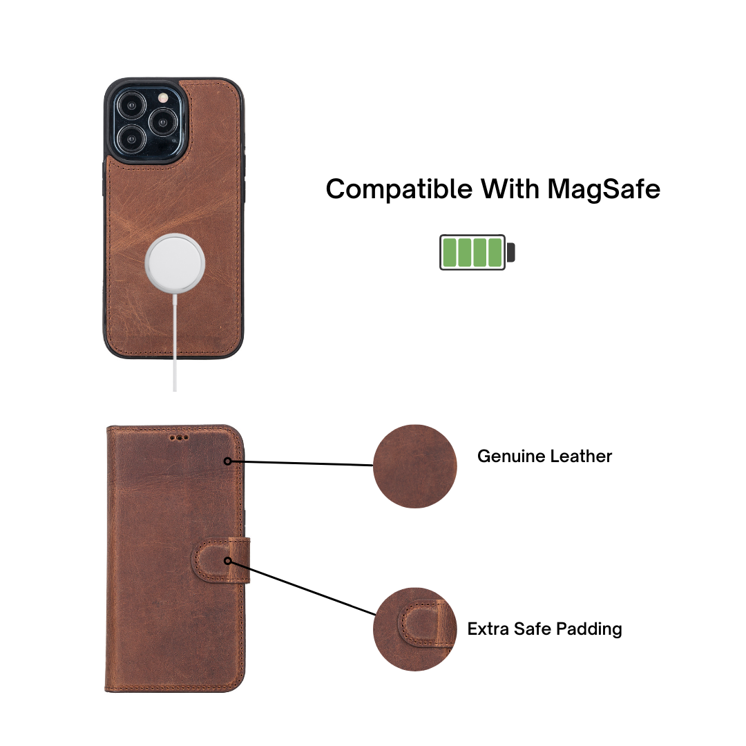 iPhone 13 Pro (6.1") Leather MagSafe RFID Magnetic Detachable Wallet Case - Teak Brown