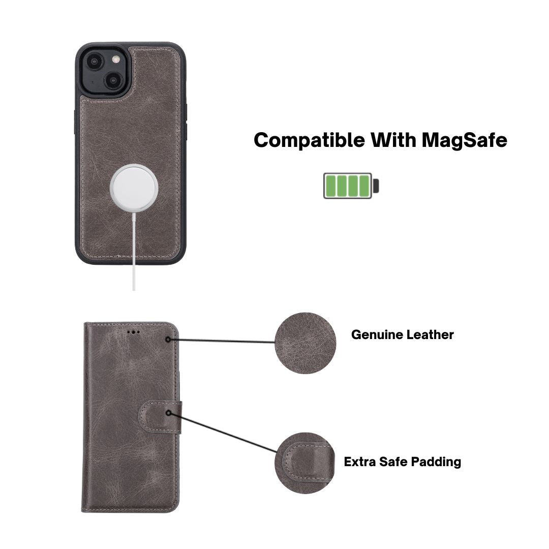 iPhone 14 (6.1") Leather MagSafe RFID Detachable Wallet Case - Rustic Black