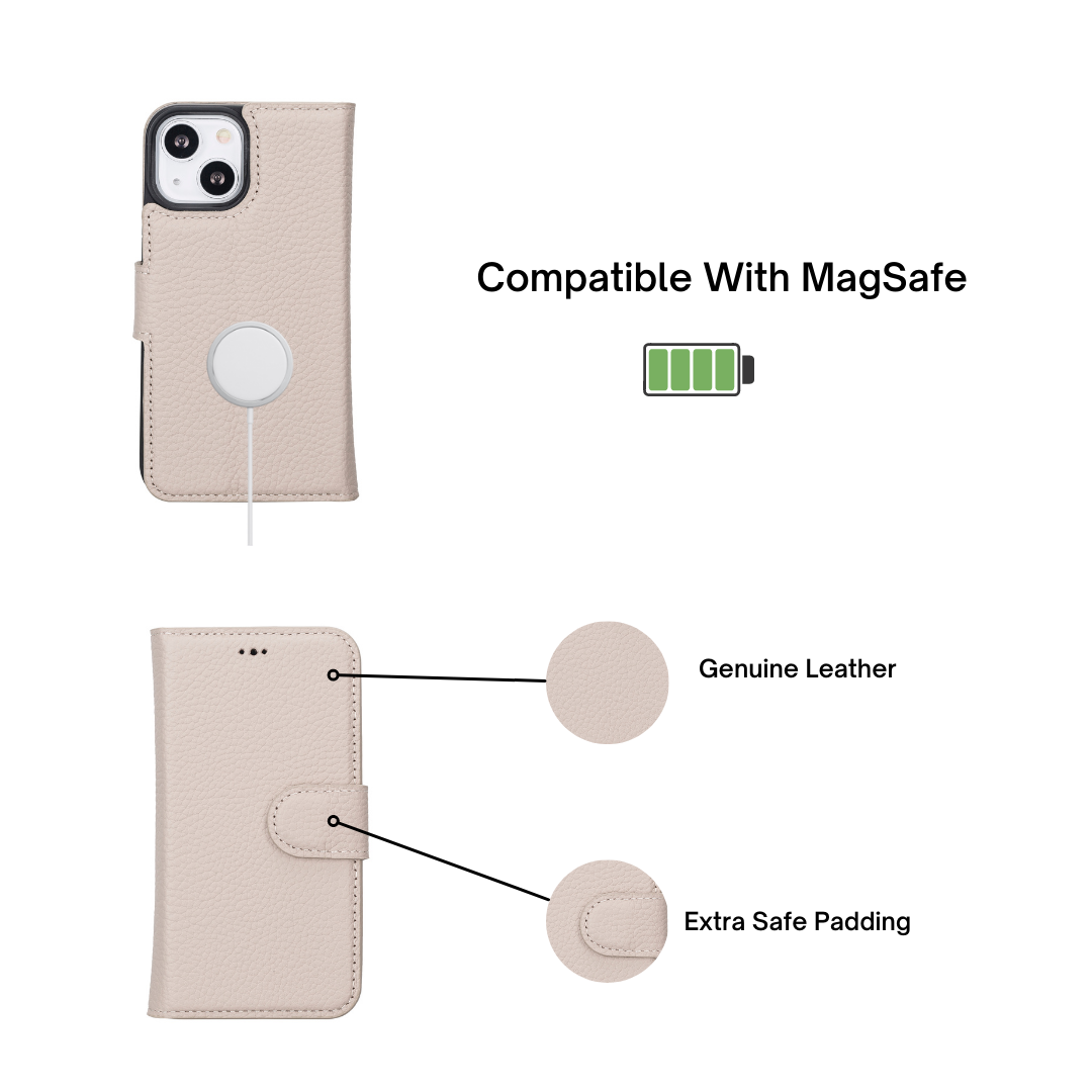 iPhone 13 Mini (5.4") Leather MagSafe RFID Magnetic Detachable Wallet Case - Beige