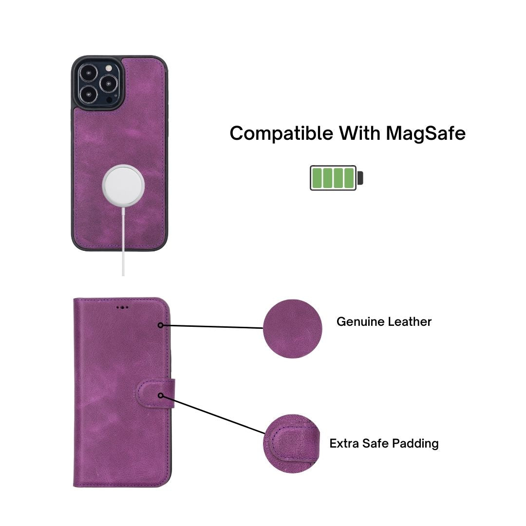 iPhone 13 Pro Max (6.7") Leather MagSafe RFID Magnetic Detachable Wallet Case - Purple