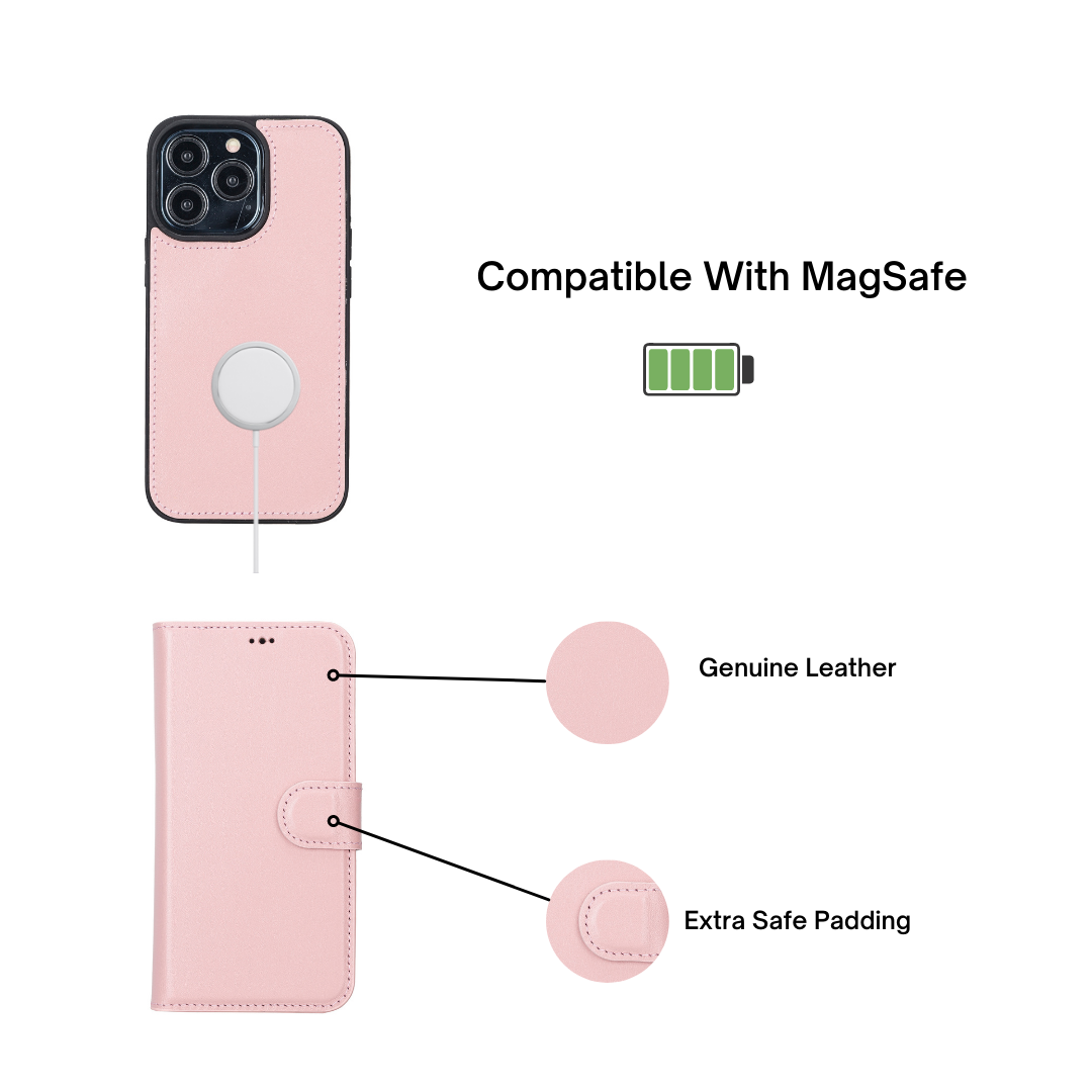 iPhone 13 Pro (6.1") Leather MagSafe RFID Magnetic Detachable Wallet Case - Pink