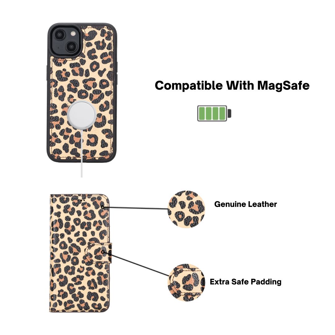 iPhone 14 (6.1") Leather MagSafe RFID Detachable Wallet Case - Leopard
