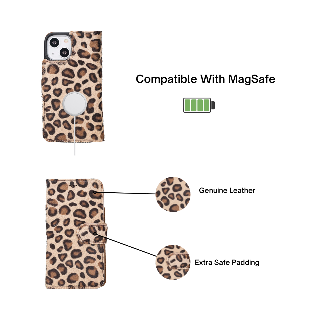 iPhone 13 Mini (5.4") Leather MagSafe RFID Magnetic Detachable Wallet Case - Furry Leopard