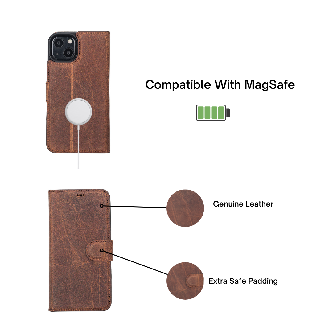 iPhone 13 (6.1") Leather MagSafe RFID Magnetic Detachable Wallet Case - Teak Brown