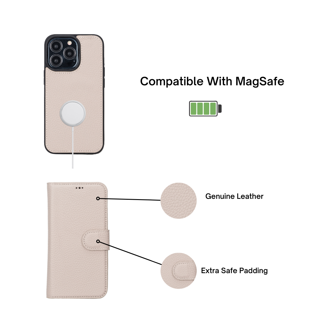 iPhone 14 Pro (6.1") Leather MagSafe RFID Detachable Double Wallet Case - Beige