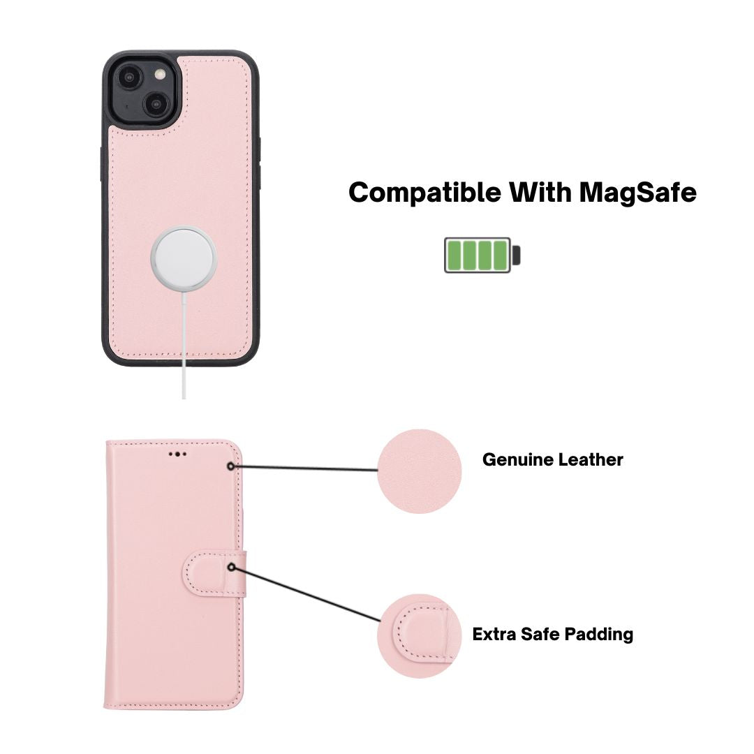 iPhone 14 (6.1") Leather MagSafe RFID Detachable Wallet Case - Pink