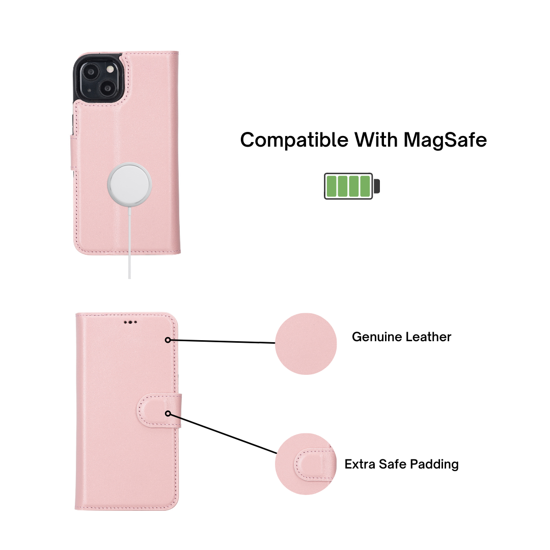 iPhone 14 Pro (6.1") Leather MagSafe RFID Detachable Double Wallet Case - Pink