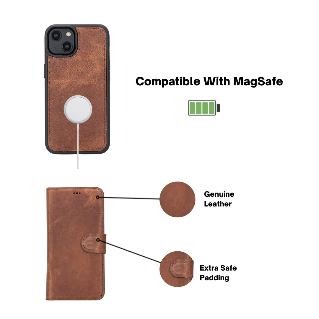 iPhone 14 (6.1") Leather MagSafe RFID Detachable Wallet Case - Teak Brown