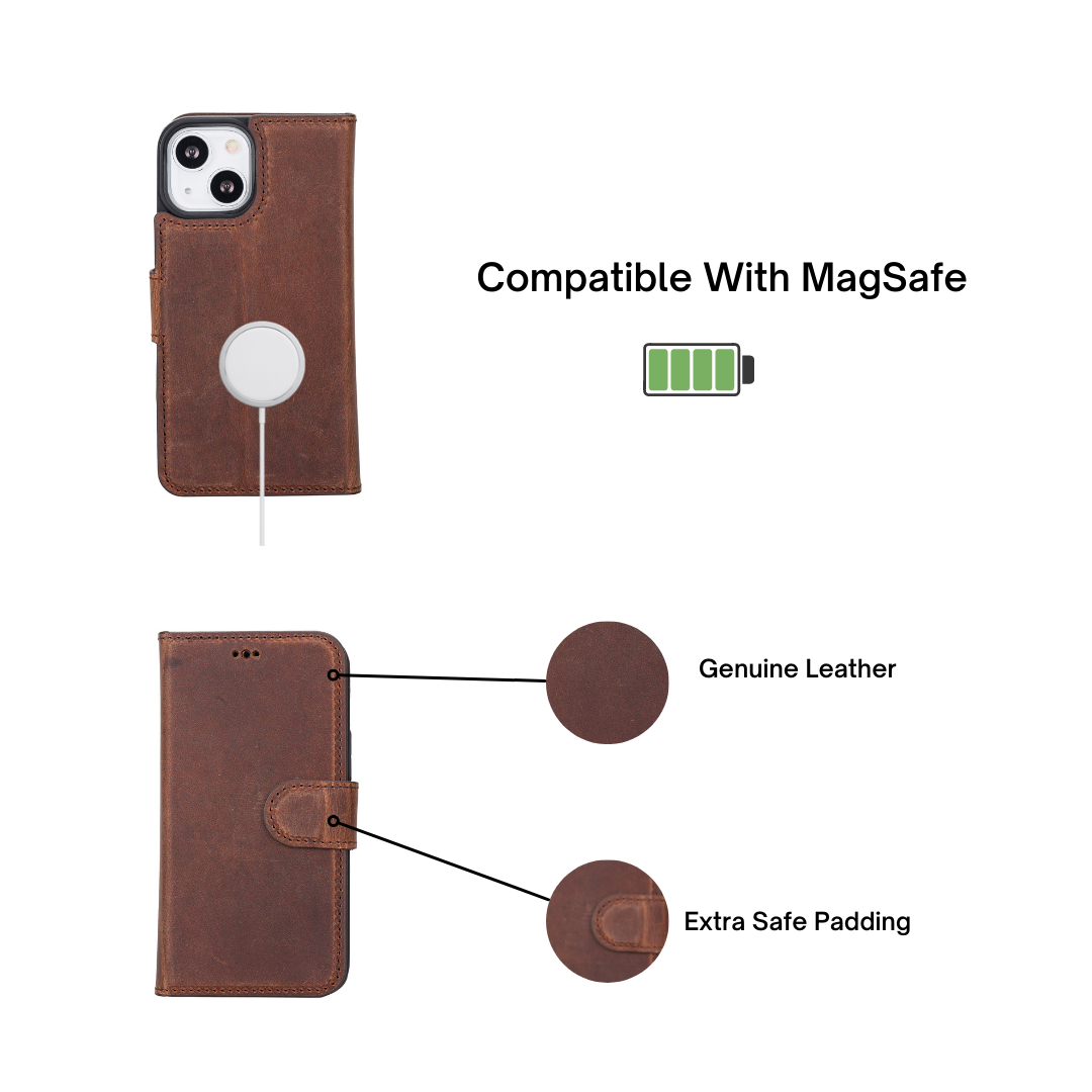 iPhone 13 Mini (5.4") Leather MagSafe RFID Magnetic Detachable Wallet Case - Teak Brown
