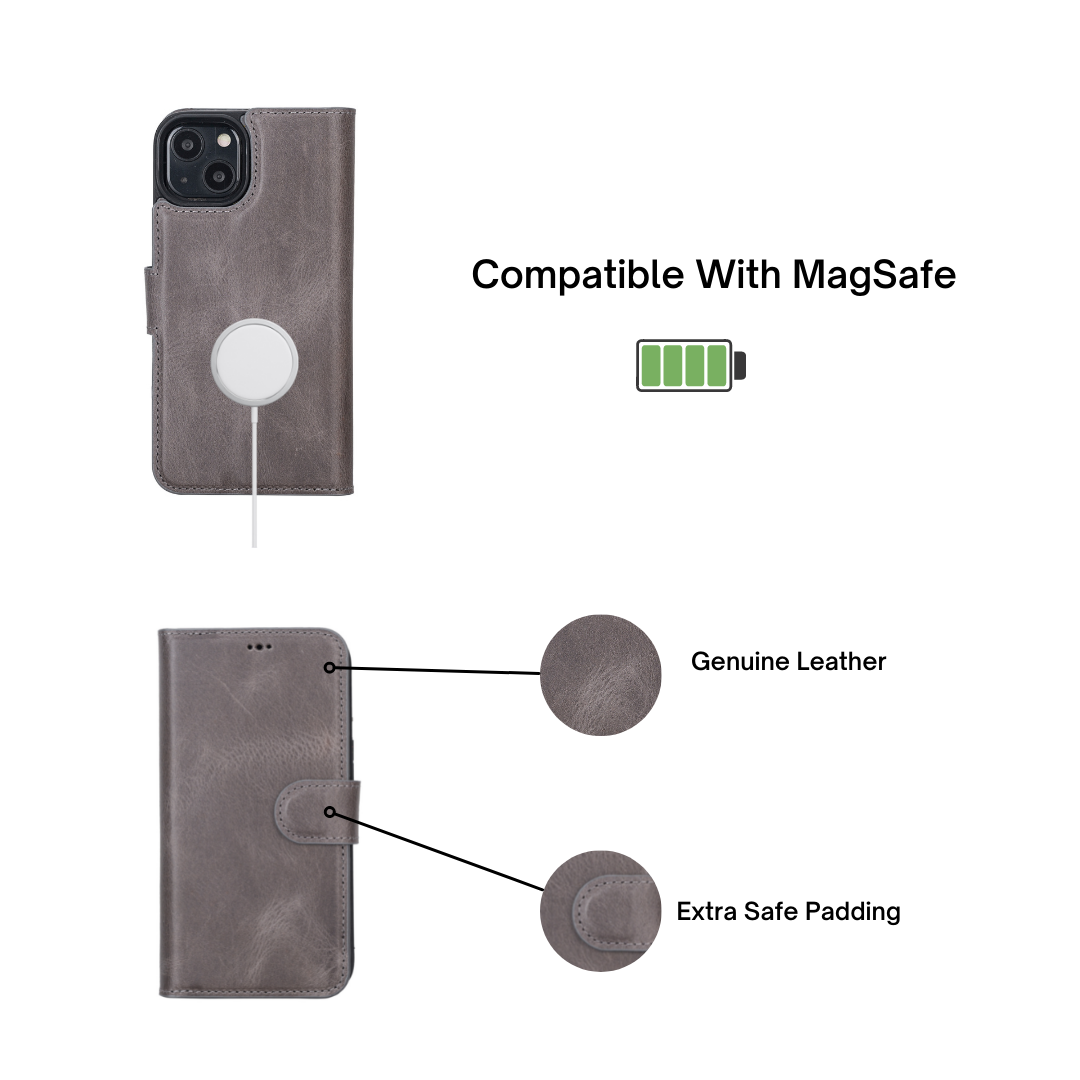 iPhone 14 Pro (6.1") Leather MagSafe RFID Detachable Double Wallet Case - Rustic Black