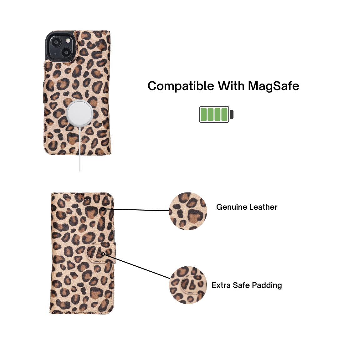 iPhone 13 (6.1") Leather MagSafe RFID Magnetic Detachable Wallet Case - Furry Leopard