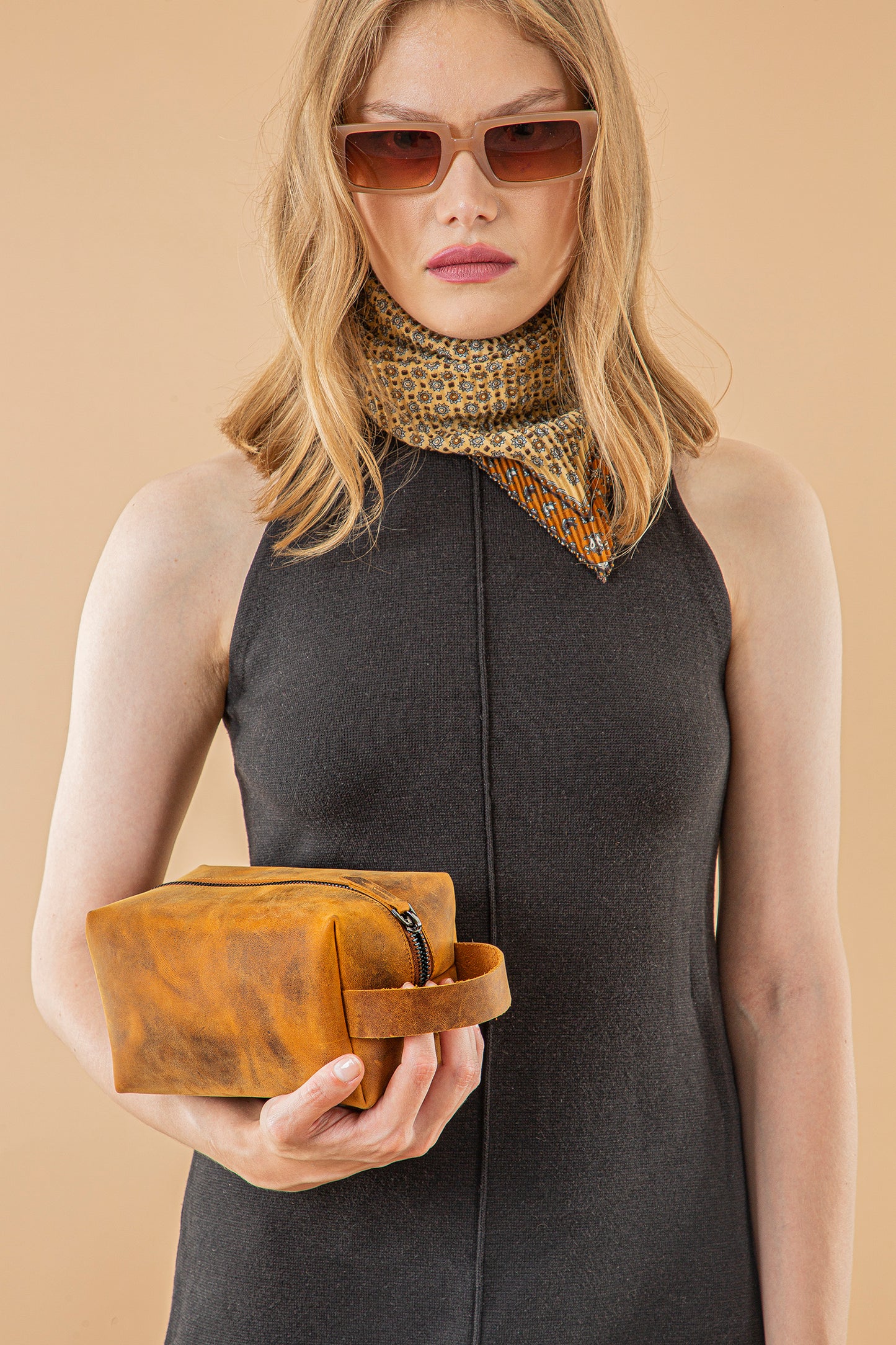 Leather Women Make Up Bag - Antic Brown