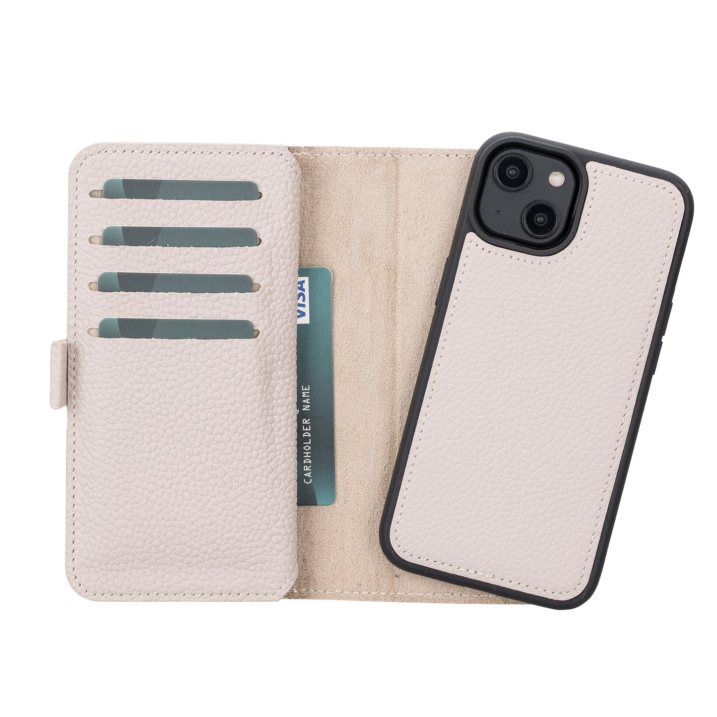 iPhone 14 (6.1") Leather MagSafe RFID Detachable Double Wallet Case - Beige