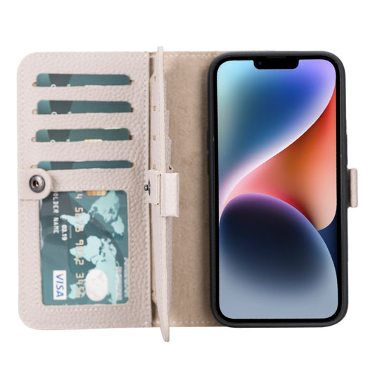 iPhone 14 (6.1") Leather MagSafe RFID Detachable Double Wallet Case - Beige