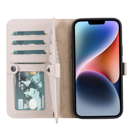 iPhone 14 Plus (6.7") Leather MagSafe RFID Detachable Double Wallet Case - Beige