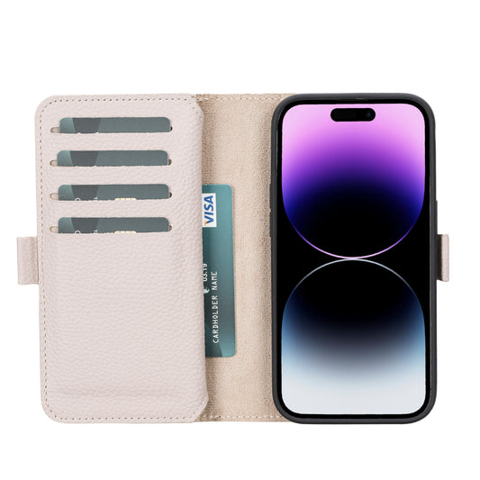 iPhone 14 Pro (6.1") Leather MagSafe RFID Detachable Double Wallet Case - Beige