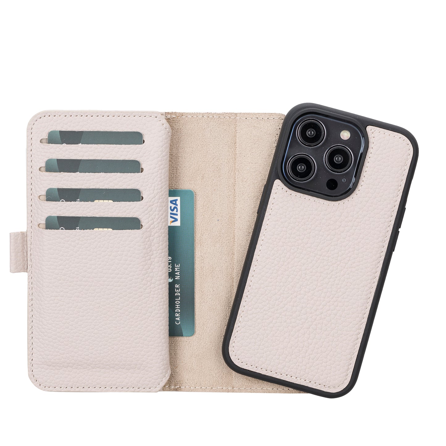 iPhone 14 Pro (6.1") Leather MagSafe RFID Detachable Double Wallet Case - Beige