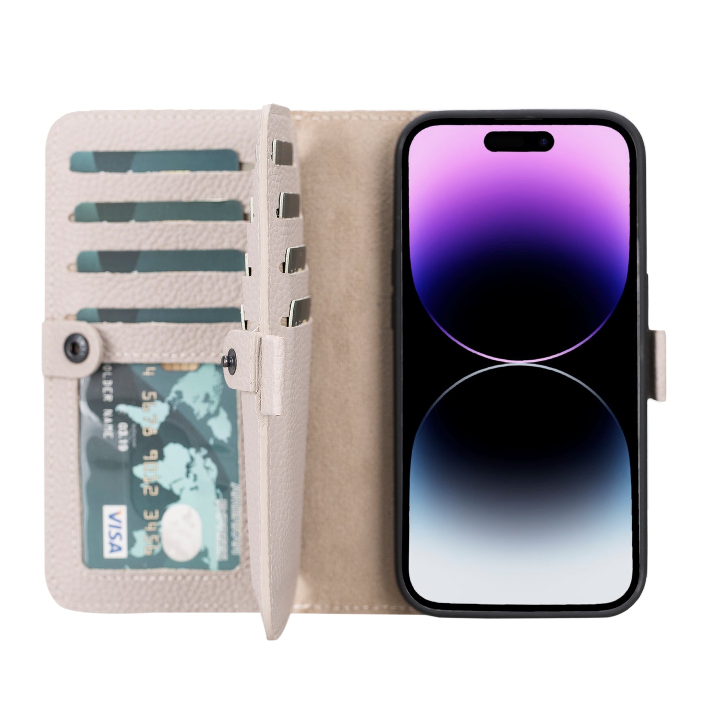 iPhone 14 Pro (6.1") Leather MagSafe RFID Detachable Double Wallet Case - Beige