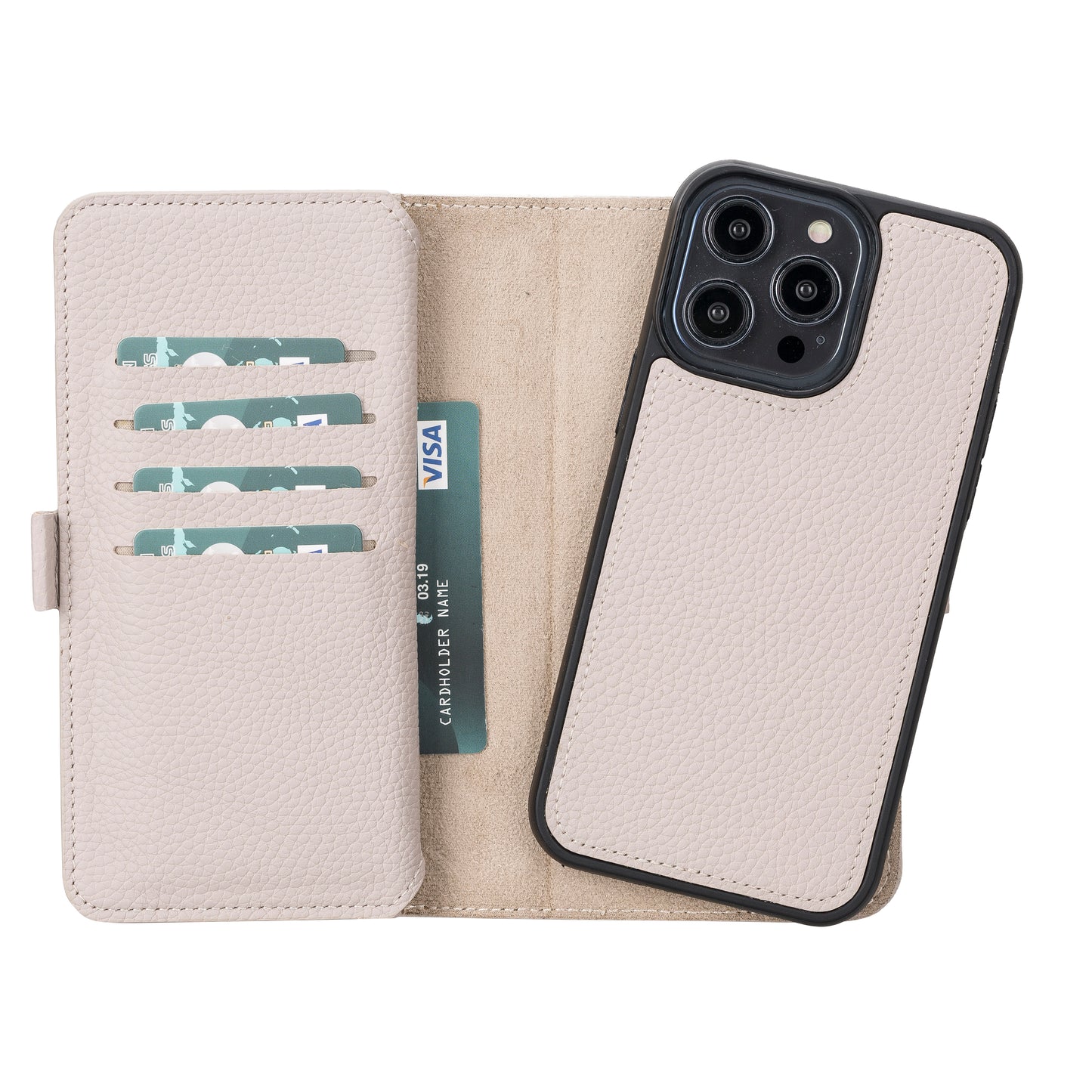 iPhone 14 Pro Max (6.7") Leather MagSafe RFID Detachable Double Wallet Case - Beige