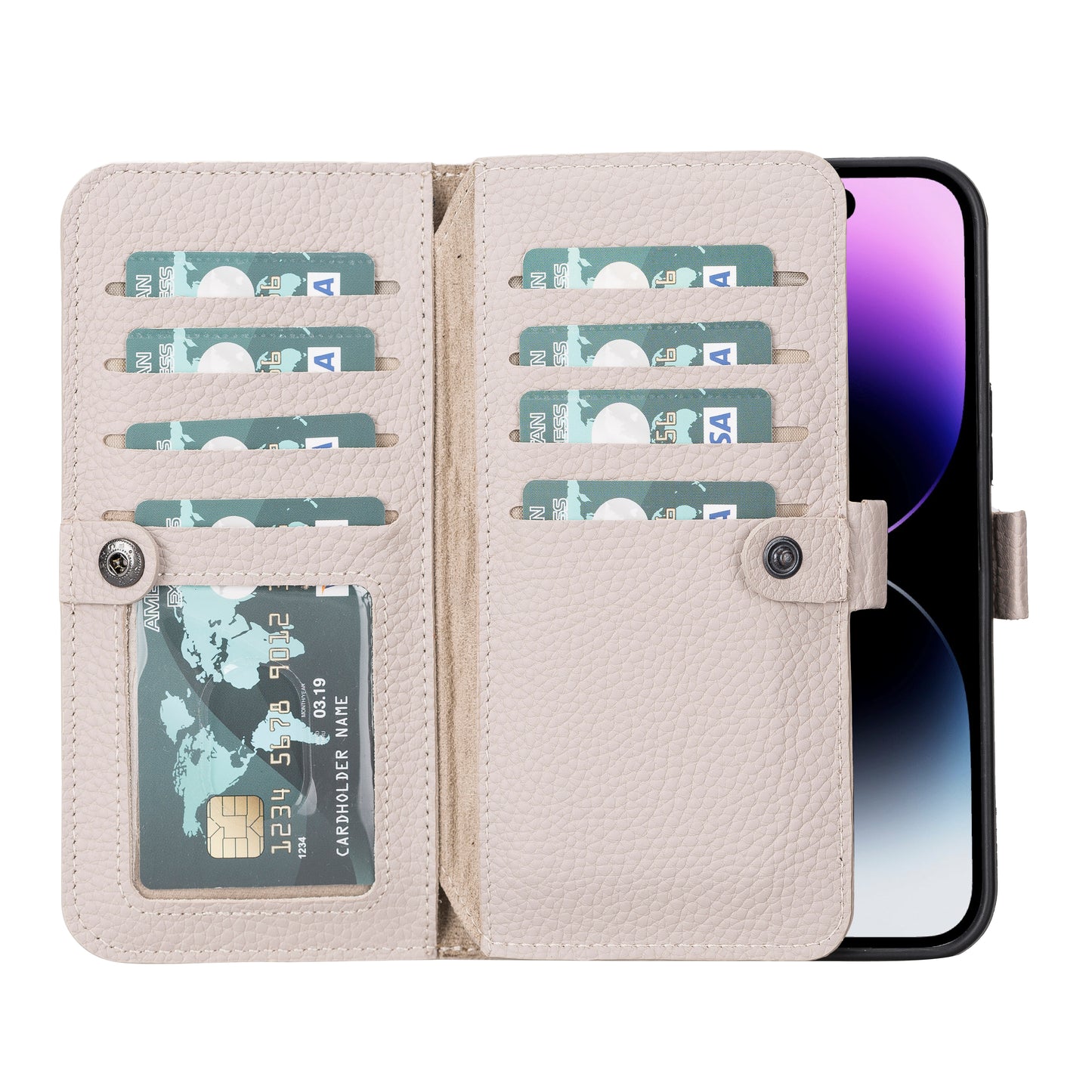 iPhone 14 Pro Max (6.7") Leather MagSafe RFID Detachable Double Wallet Case - Beige