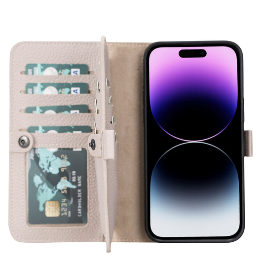 iPhone 14 Pro Max (6.7") Leather MagSafe RFID Detachable Double Wallet Case - Beige