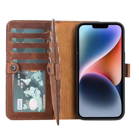 iPhone 14 (6.1") Leather MagSafe RFID Detachable Double Wallet Case - Teak Brown