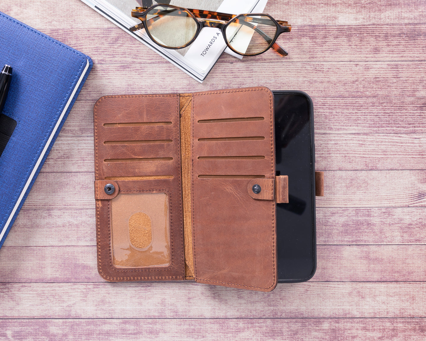 iPhone 14 Plus (6.7") Leather MagSafe RFID Detachable Double Wallet Case - Teak Brown