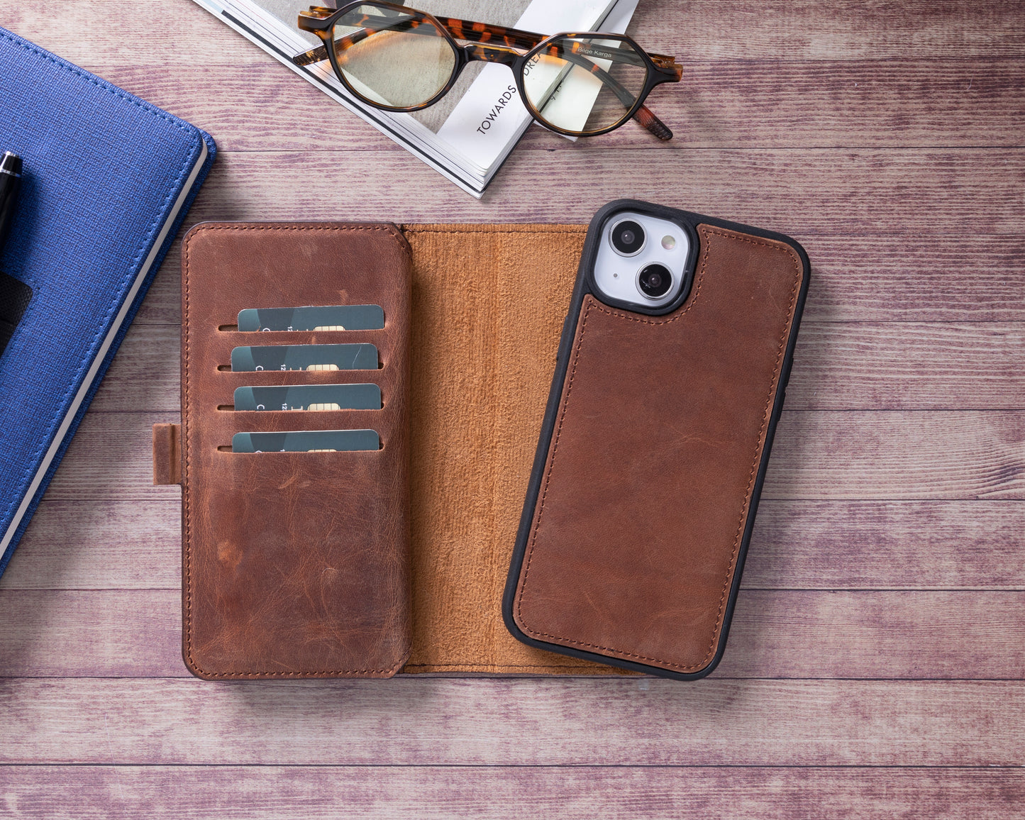 iPhone 14 Plus (6.7") Leather MagSafe RFID Detachable Double Wallet Case - Teak Brown