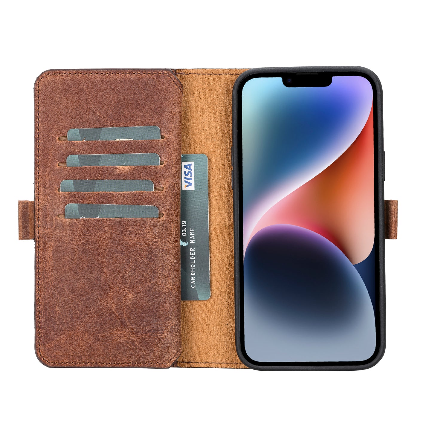 iPhone 14 Plus (6.7") Leather MagSafe RFID Detachable Double Wallet Case - Teak Brown