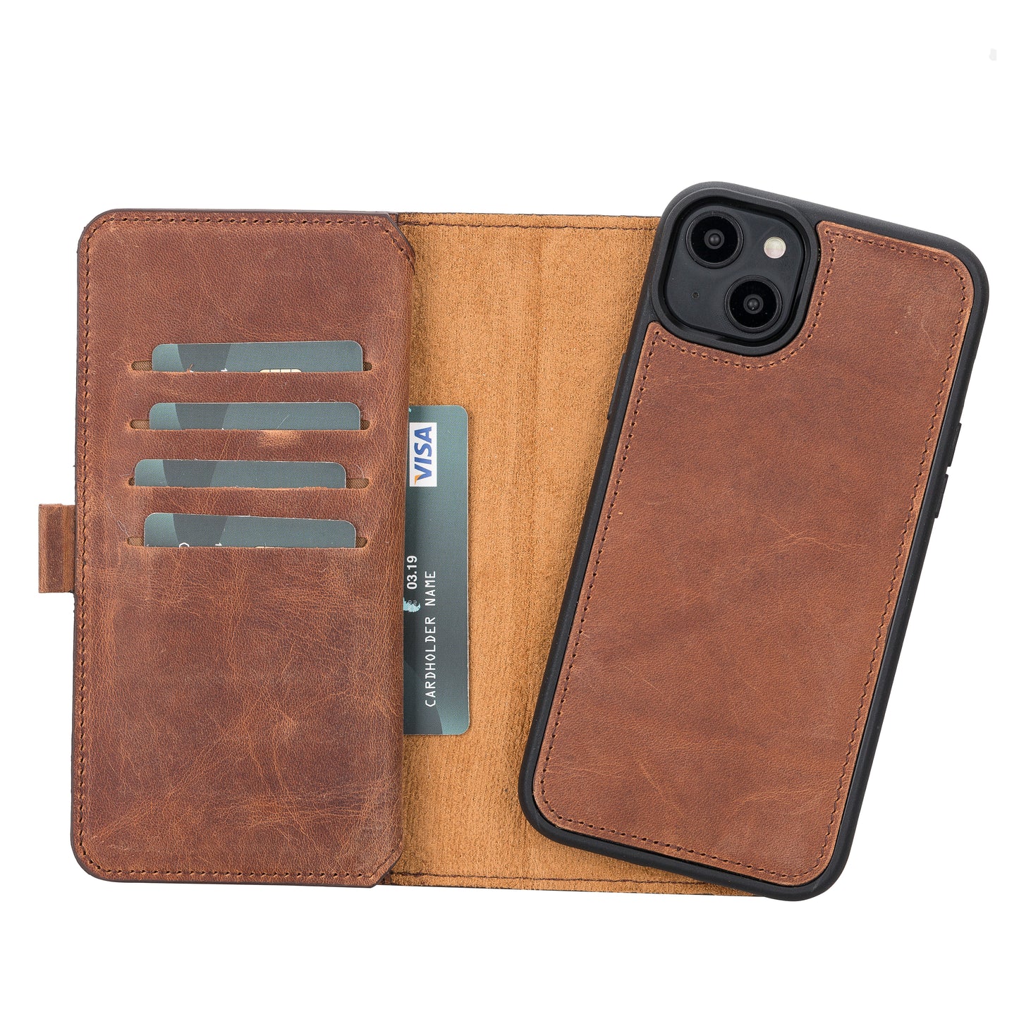 iPhone 14 Plus (6.7") Leather MagSafe RFID Detachable Double Wallet Case - Teak Brown