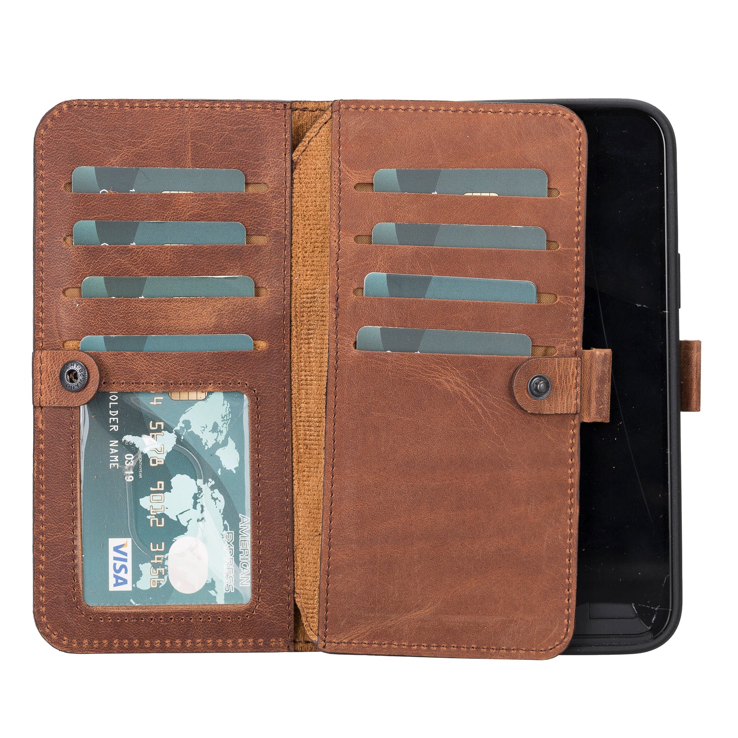 iPhone 14 Plus (6.7") Leather MagSafe RFID Detachable Double Wallet Case - Teak Brown