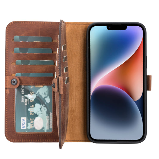 iPhone 14 Plus (6.7") Leather MagSafe RFID Detachable Double Wallet Case - Teak Brown