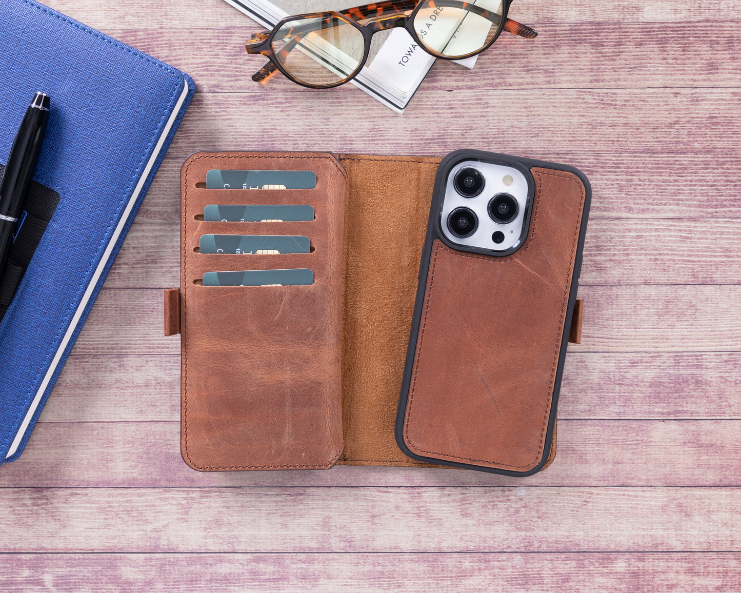 iPhone 14 Pro (6.1") Leather MagSafe RFID Detachable Double Wallet Case - Teak Brown