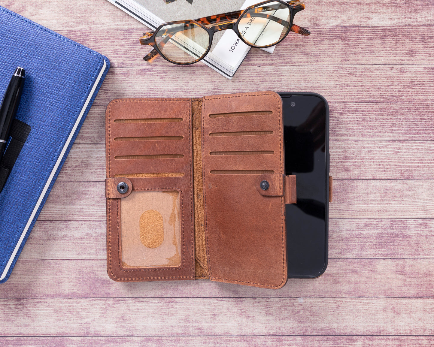 iPhone 14 Pro (6.1") Leather MagSafe RFID Detachable Double Wallet Case - Teak Brown