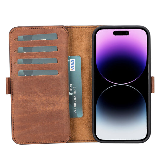 iPhone 14 Pro (6.1") Leather MagSafe RFID Detachable Double Wallet Case - Teak Brown