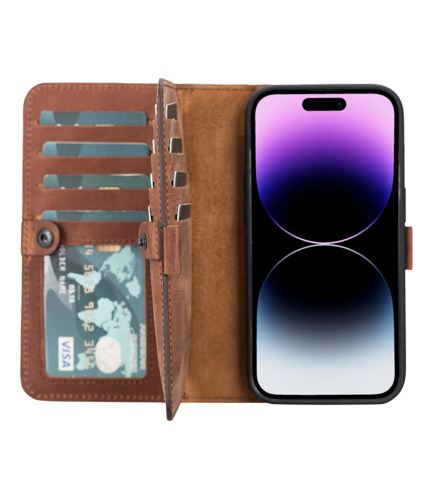 iPhone 14 Pro (6.1") Leather MagSafe RFID Detachable Double Wallet Case - Teak Brown